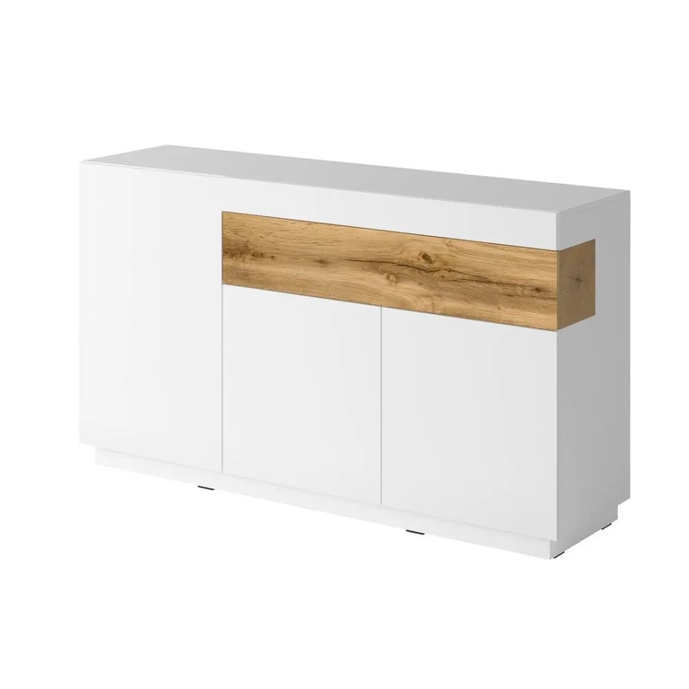 Komoda SILKE 3D1S 150cm biały połysk/dąb wotan skandynawska I sklep meblowy MIRAT. styl SKANDYNAWSKI kolekcja SILKE