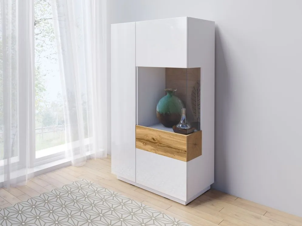 Dwudrzwiowa witryna niska SILKE 2D 80cm biały połysk/dąb wotan prawa I sklep meblowy MIRAT. styl SKANDYNAWSKI kolekcja SILKE