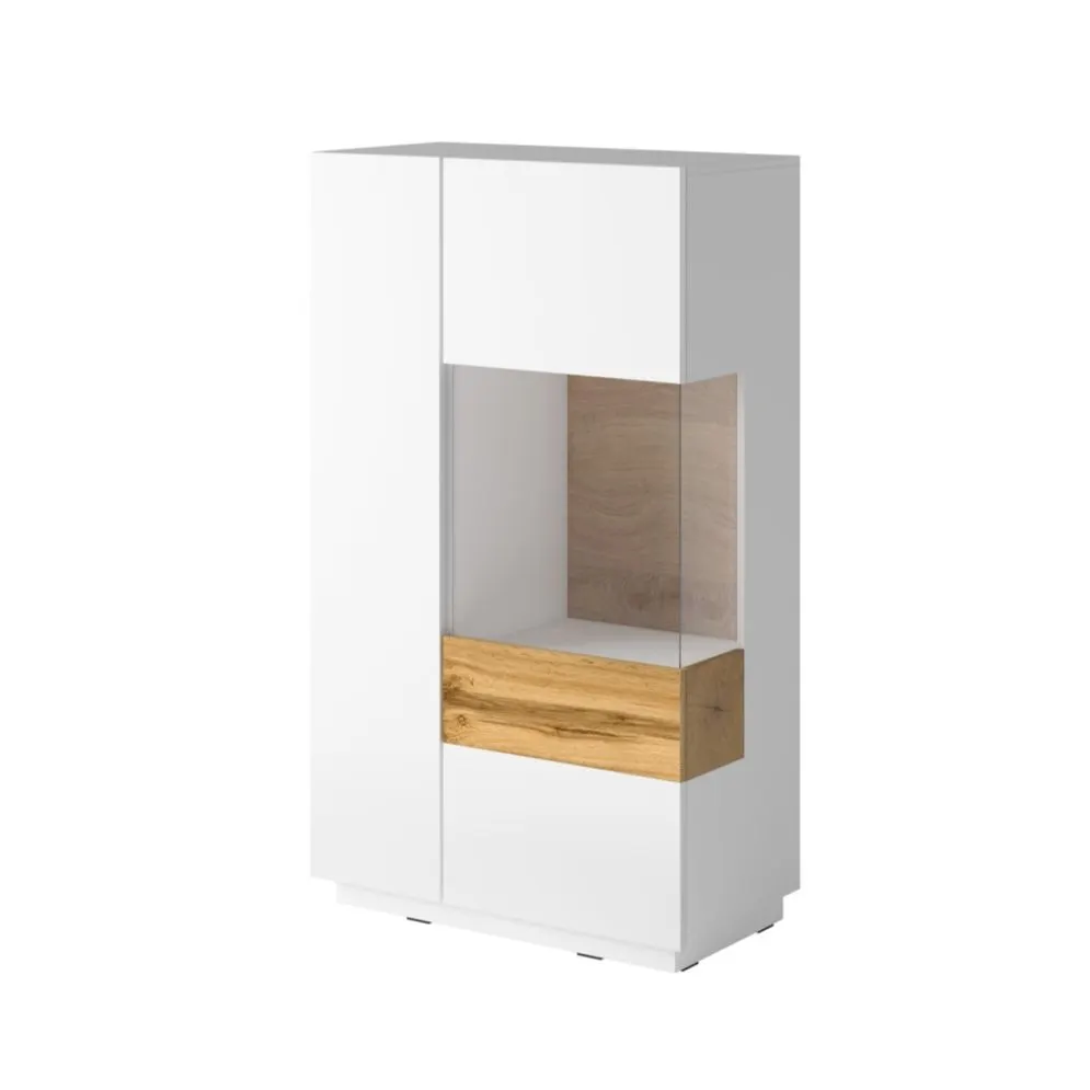 Dwudrzwiowa witryna niska SILKE 2D 80cm biały połysk/dąb wotan prawa I sklep meblowy MIRAT. styl SKANDYNAWSKI kolekcja SILKE