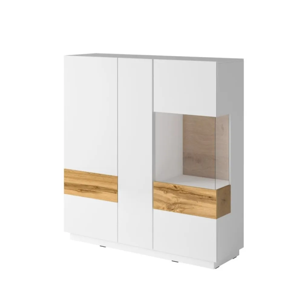 Witryna niska SILKE 3D 130cm biały połysk/dąb wotan szeroka I sklep meblowy MIRAT. styl SKANDYNAWSKI