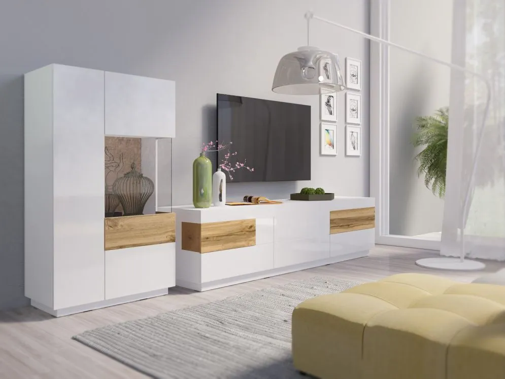 Dwudrzwiowa witryna niska SILKE 2D 80cm biały połysk/dąb wotan prawa I sklep meblowy MIRAT. styl SKANDYNAWSKI kolekcja SILKE