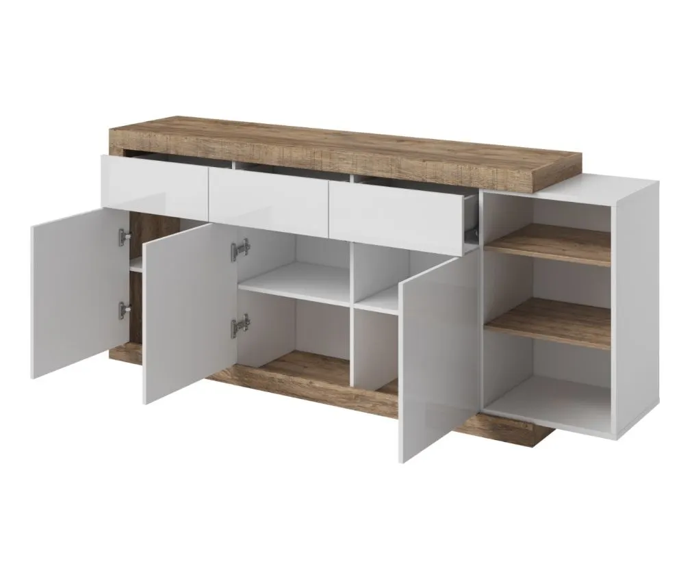 Komoda SINTRA 3D3S 200cm dąb samdal/biały połysk trzydrzwiowa I sklep meblowy MIRAT. styl SKANDYNAWSKI kolekcja SINTRA