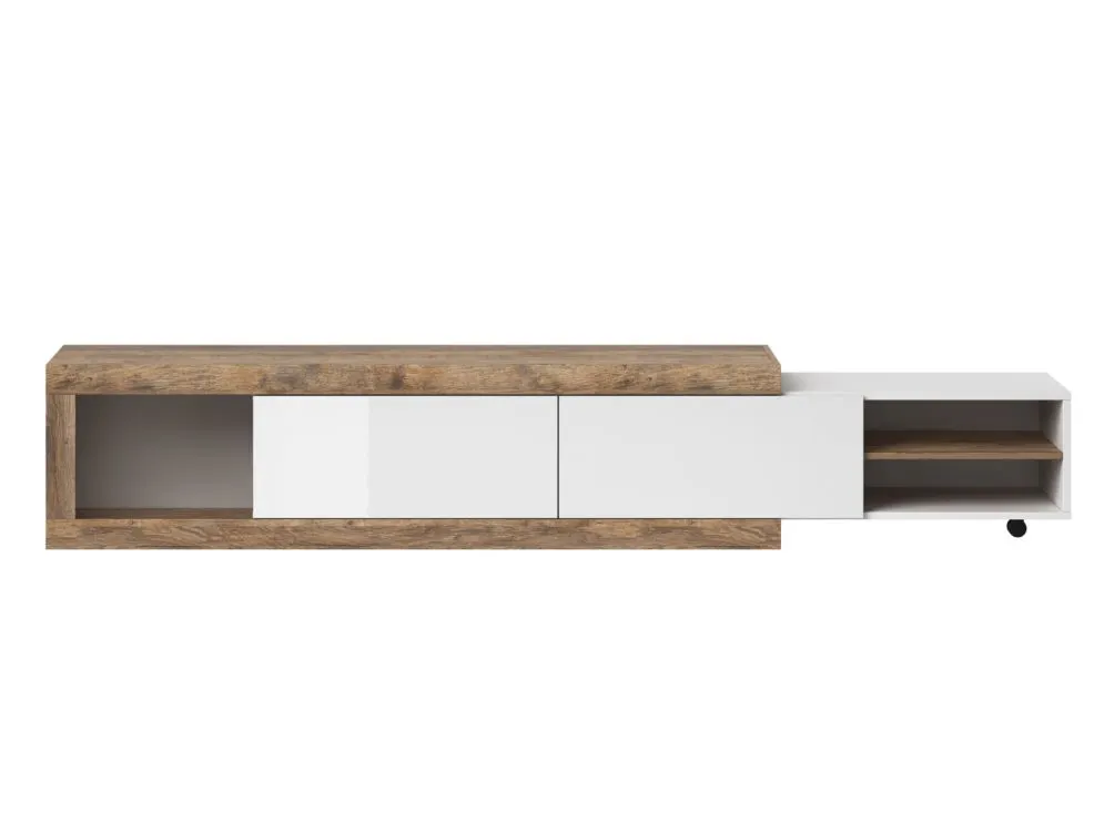 Szafka RTV SINTRA 2K 200(241)cm dąb samdal/biały połysk rozsuwana I sklep meblowy MIRAT. styl SKANDYNAWSKI