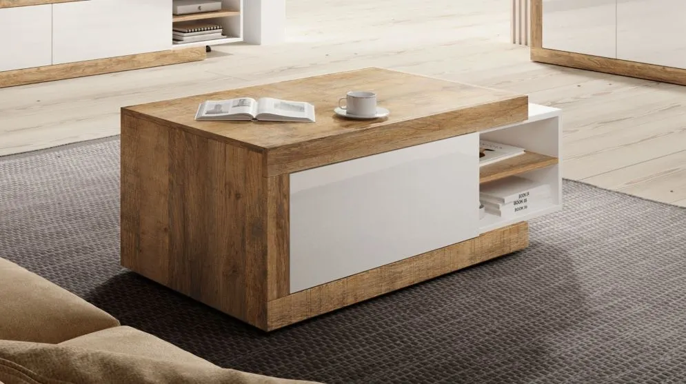 Stolik kawowy SINTRA 60x120(153) dąb samdal/biały połysk na kółkach I sklep meblowy MIRAT. styl SKANDYNAWSKI