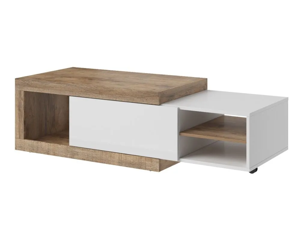 Stolik kawowy SINTRA 60x120(153) dąb samdal/biały połysk na kółkach I sklep meblowy MIRAT. styl SKANDYNAWSKI