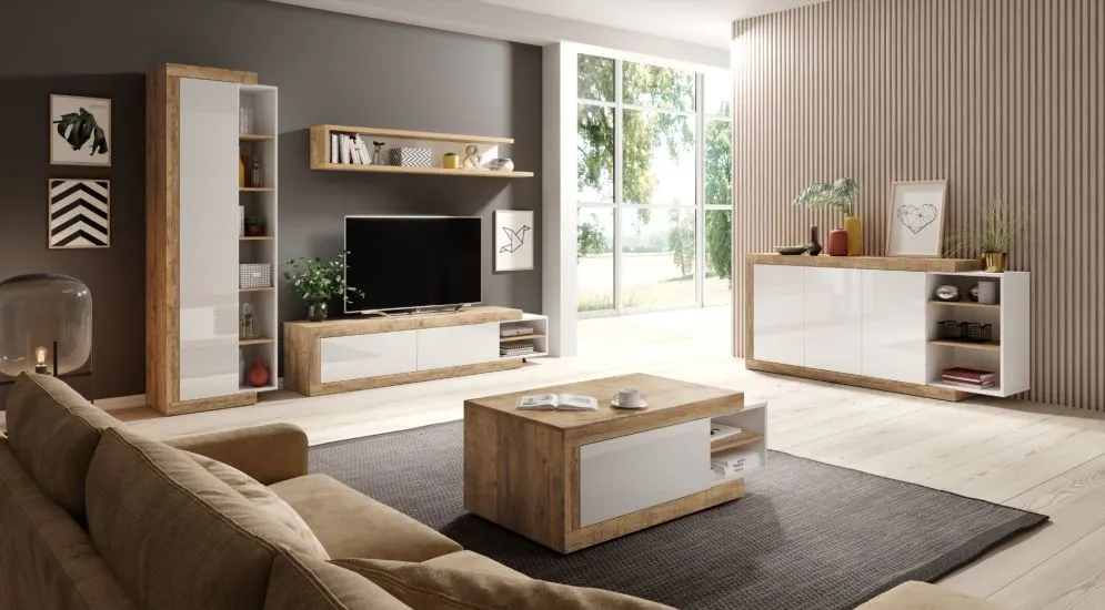 Witryna wysoka SINTRA 1D 67cm dąb samdal/biały połysk do salonu I sklep meblowy MIRAT. styl SKANDYNAWSKI kolekcja SINTRA