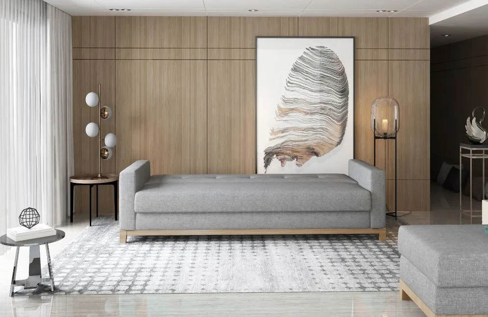 Sofa rozkładana z funkcją spania SELENE szara na drewnianych nogach | MIRAT.