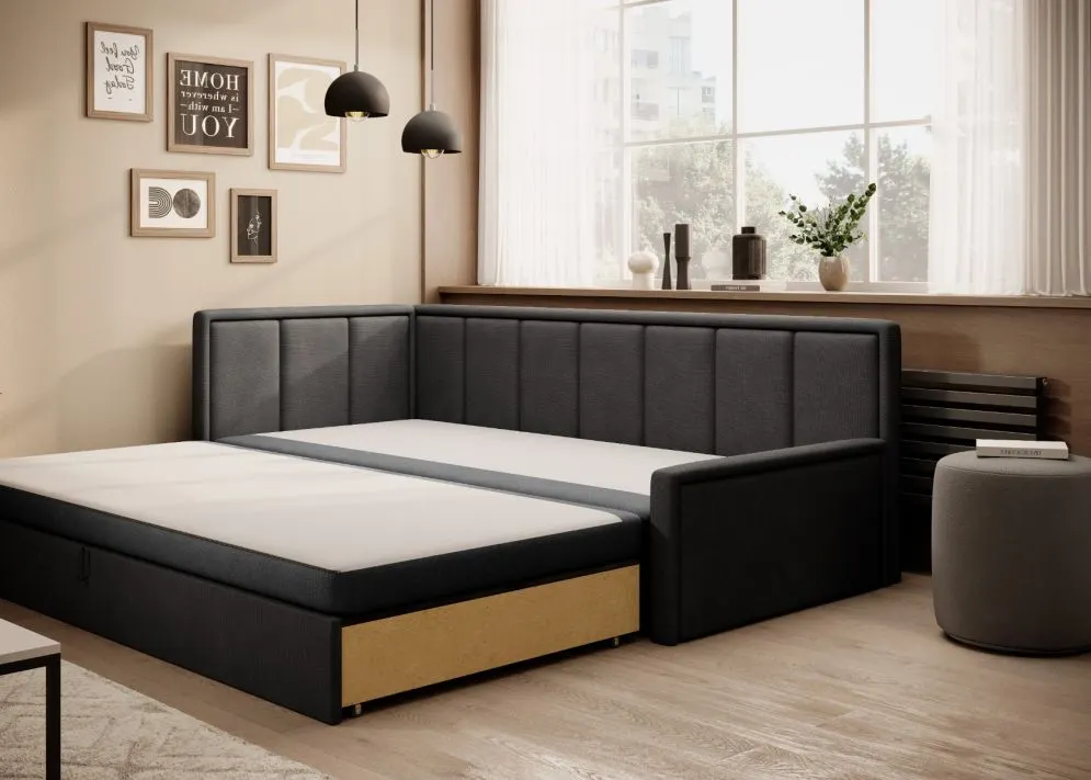 Welurowa sofa rozkładana z funkcją spania FULGEO czarna/szara lewa do salonu I sklep meblowy MIRAT.