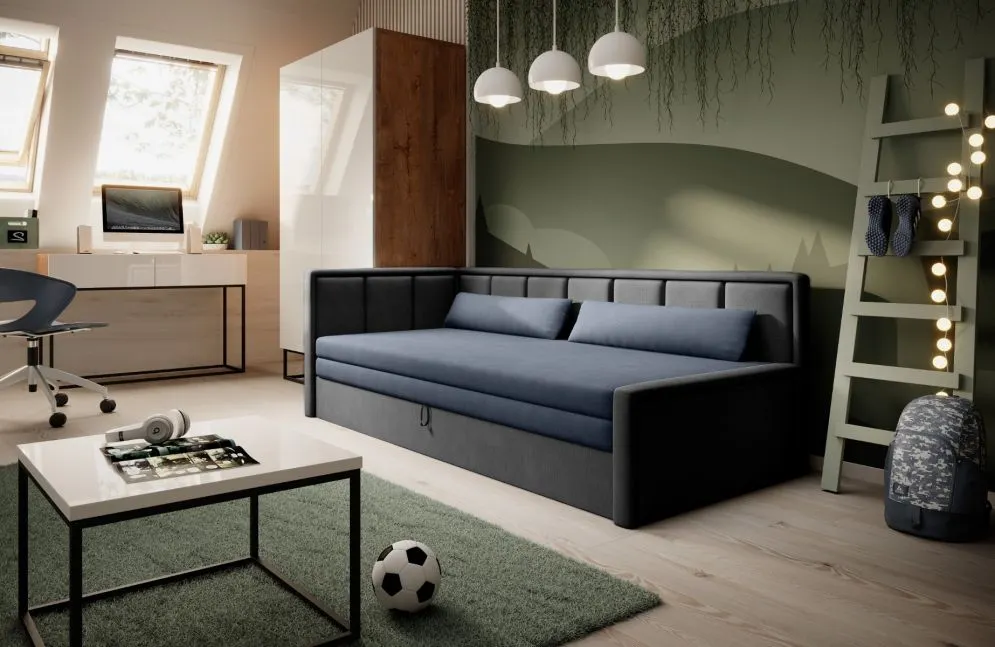 Sofa rozkładana z funkcją spania FULGEO szara/granatowa lewa do salonu I sklep meblowy MIRAT.