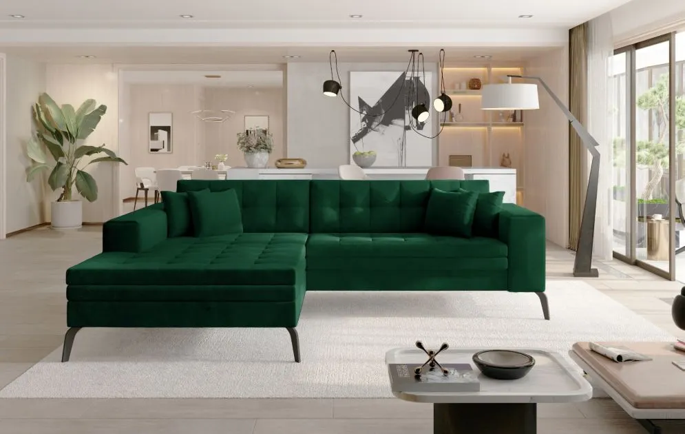 Narożnik z funkcją spania SOLANGE VELVET zielony lewy pikowany welurowy | MIRAT. w stylu GLAMOUR kolekcja