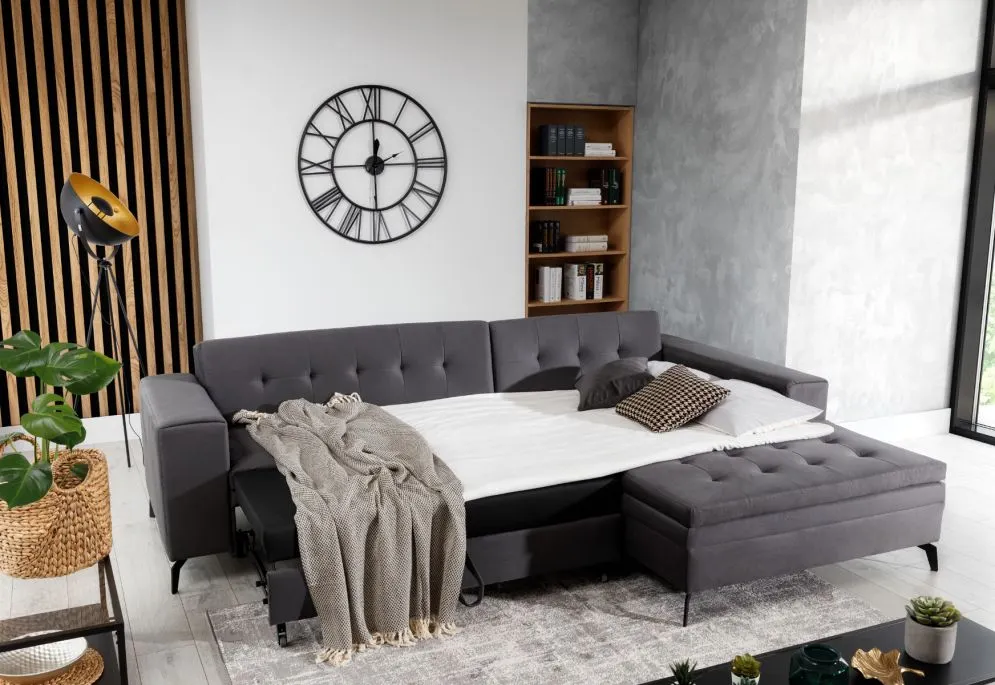 Narożnik z funkcją spania SOLANGE VELVET zielony lewy pikowany welurowy | MIRAT. w stylu GLAMOUR kolekcja