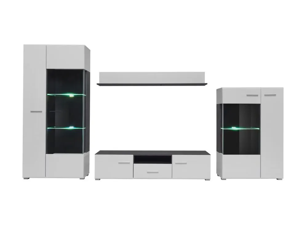 Biało czarna meblościanka z przeszkleniami i podświetleniem LED Solido