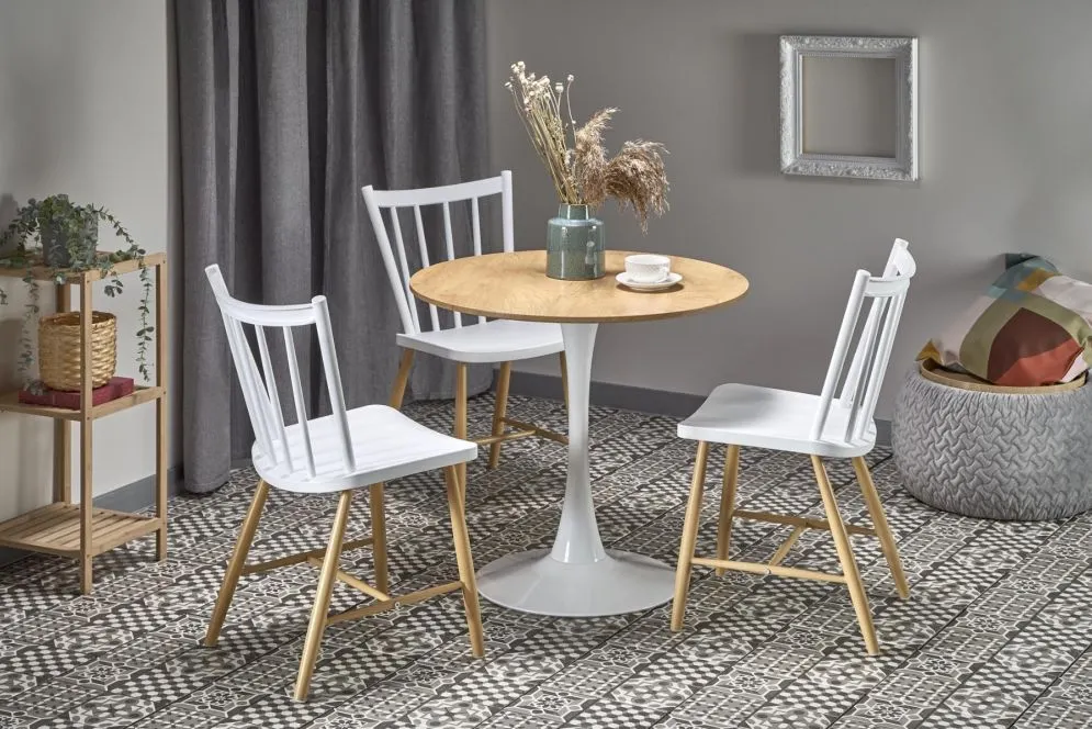 Stół okrągły STING 80x80 dąb/biały na jednej nodze | MIRAT. styl SKANDYNAWSKI