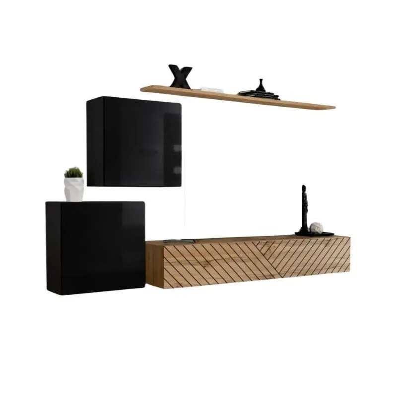 Meblościanka SWITCH LAMEL V czarna/dąb wotan ryflowane fronty I sklep meblowy MIRAT. styl RYFLOWANY kolekcja SWITCH LAMEL