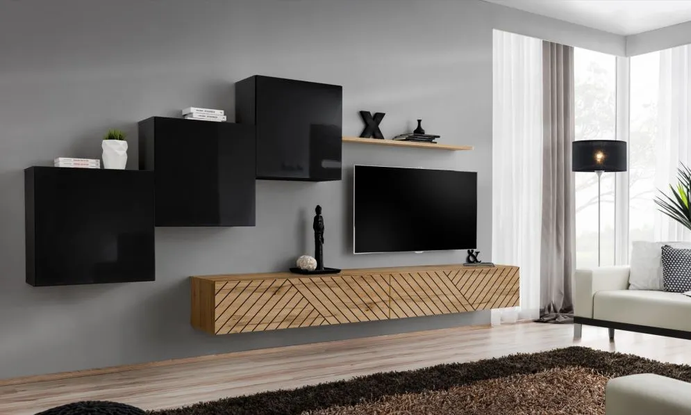 Meblościanka SWITCH LAMEL X czarna/dąb wotan do salonu I sklep meblowy MIRAT. styl RYFLOWANY