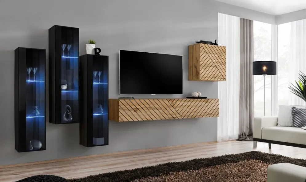 Meblościanka SWITCH LAMEL XIII czarna/dąb wotan ryflowane fronty I sklep meblowy MIRAT. styl RYFLOWANY