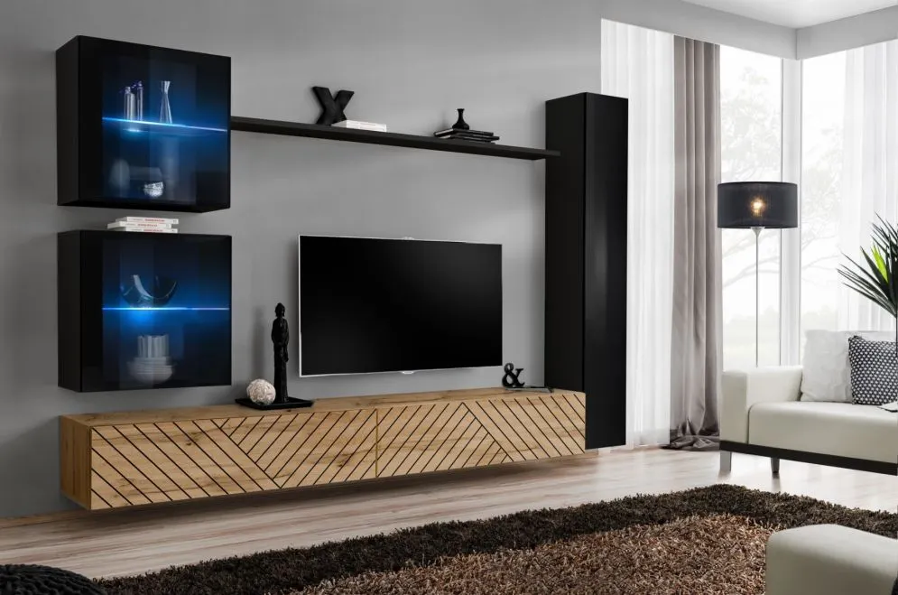 Meblościanka SWITCH LAMEL XVIII czarna/dąb wotan loftowa I sklep meblowy MIRAT. styl RYFLOWANY