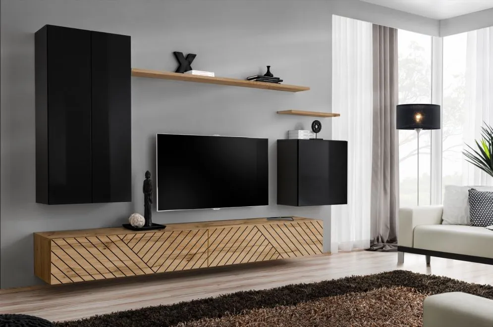 Meblościanka SWITCH LAMEL II czarna/dąb wotan ryflowane fronty I sklep meblowy MIRAT. styl RYFLOWANY