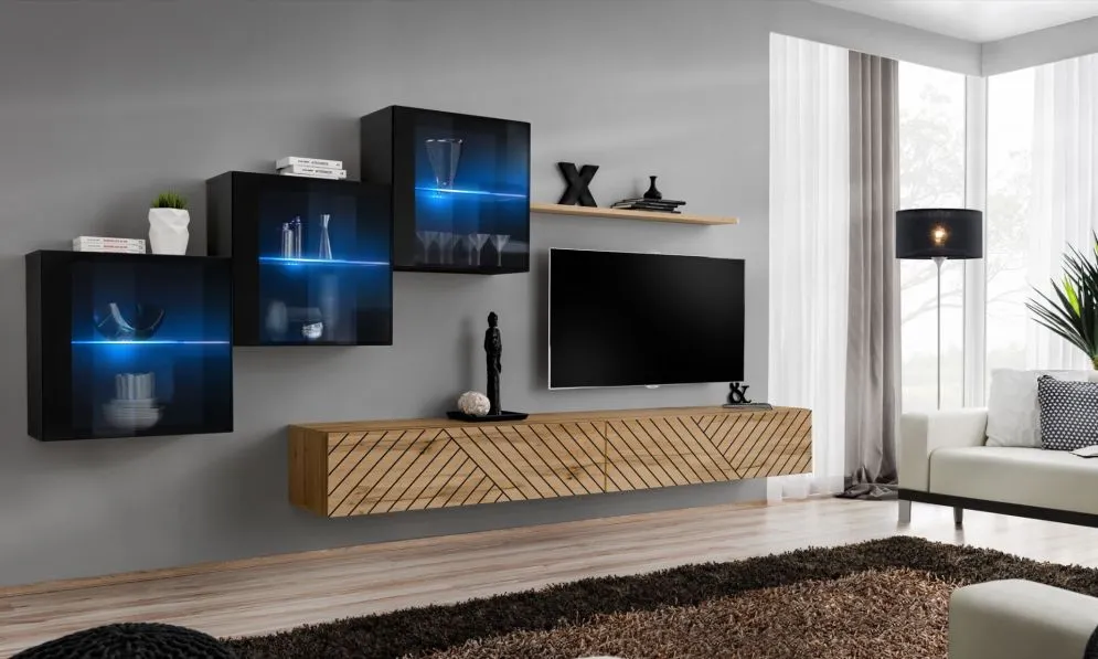 Meblościanka SWITCH LAMEL XX czarna/dąb wotan loftowa I sklep meblowy MIRAT. styl RYFLOWANY