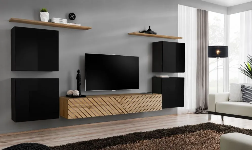 Meblościanka SWITCH LAMEL IV czarna/dąb wotan z frezowanymi frontami I sklep meblowy MIRAT. styl RYFLOWANY