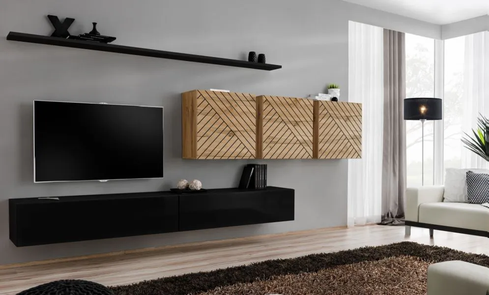 Meblościanka SWITCH LAMEL VII czarna/dąb wotan wisząca I sklep meblowy MIRAT. styl RYFLOWANY