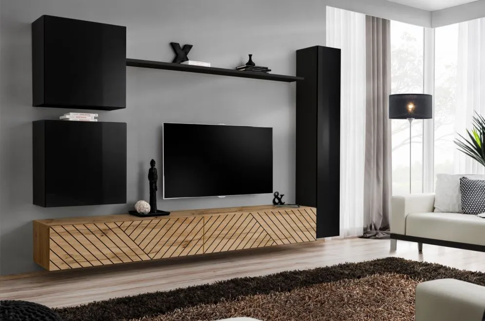 Meblościanka SWITCH LAMEL VIII czarna/dąb wotan ryflowane fronty I sklep meblowy MIRAT. styl RYFLOWANY