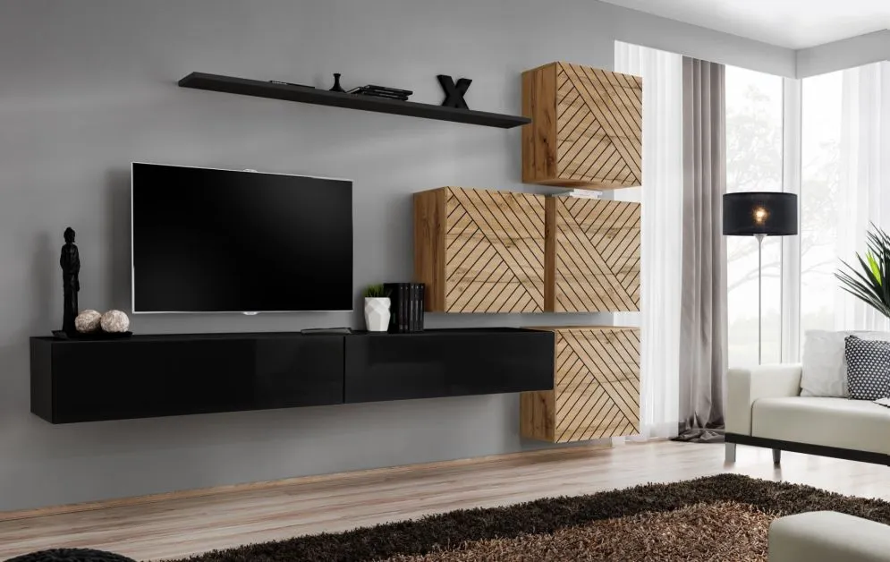 Meblościanka SWITCH LAMEL IX czarna/dąb wotan loftowa I sklep meblowy MIRAT. styl RYFLOWANY