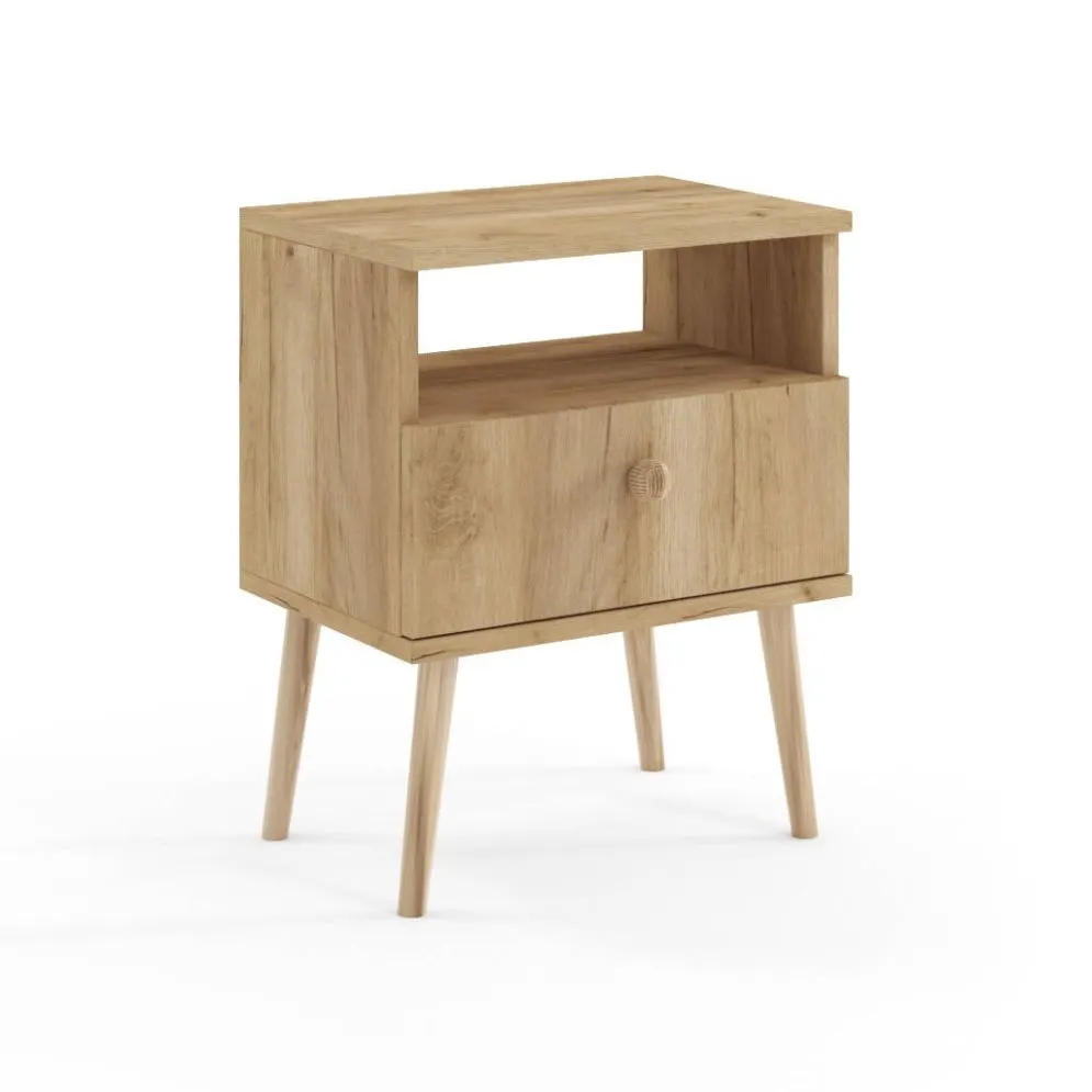 Stolik nocny LEBEL dąb craft złoty z szufladą I sklep meblowy MIRAT. styl SKANDYNAWSKI
