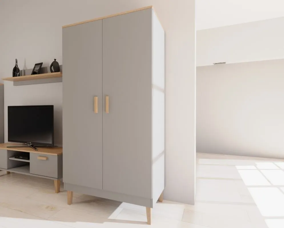 Szafa DENVER szara/hikora z półkami i drążkiem I sklep meblowy MIRAT. styl SKANDYNAWSKI kolekcja DENVER