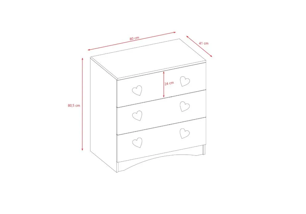 Komoda dla dzieci JULIA biała trzyszufladowa serca | MIRAT.  kolekcja JULIA