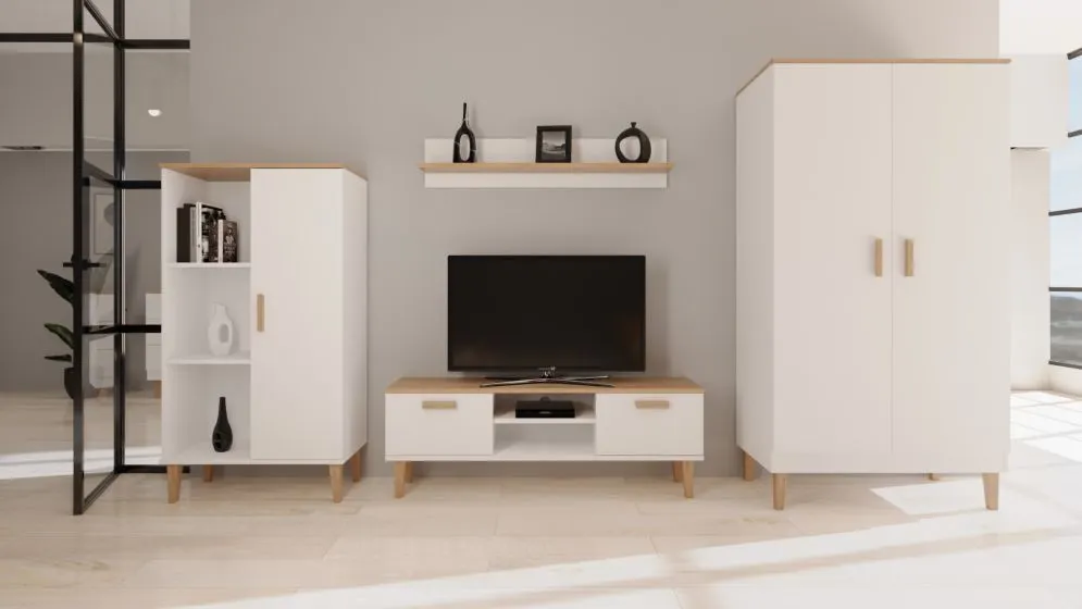 Szafka RTV DENVER 120 biała/hikora pod telewizor I sklep meblowy MIRAT. styl SKANDYNAWSKI kolekcja DENVER