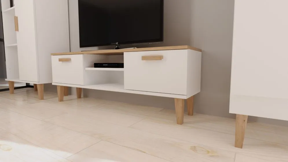 Szafka RTV DENVER 120 biała/hikora pod telewizor I sklep meblowy MIRAT. styl SKANDYNAWSKI kolekcja DENVER