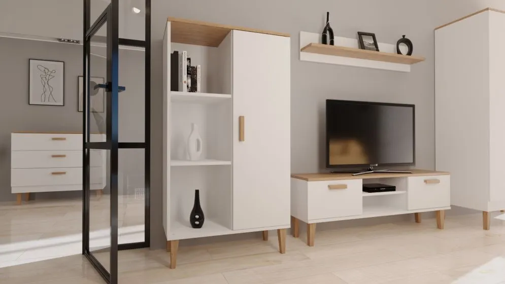 Szafka RTV DENVER 120 biała/hikora pod telewizor I sklep meblowy MIRAT. styl SKANDYNAWSKI kolekcja DENVER