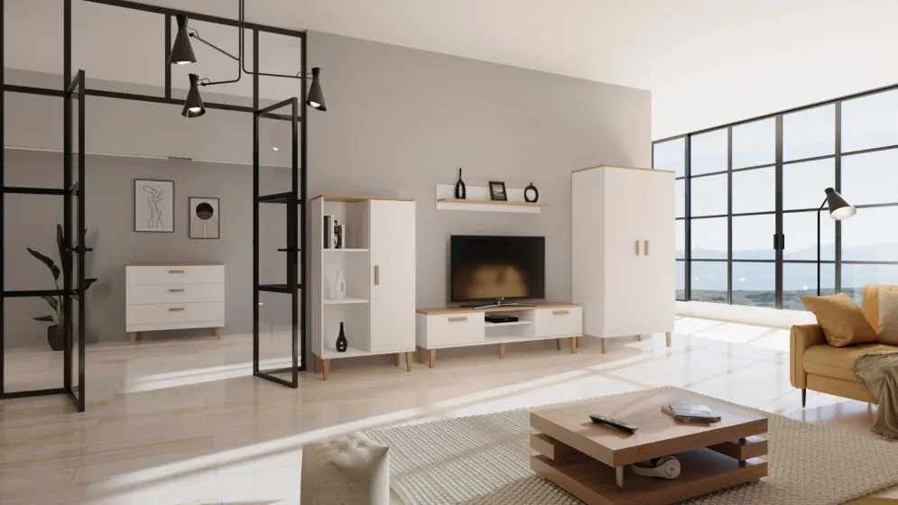 Szafka RTV DENVER 160 biała/hikora do salonu I sklep meblowy MIRAT. styl SKANDYNAWSKI kolekcja DENVER