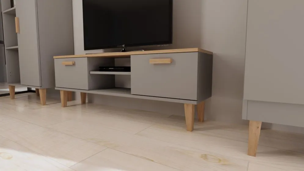 Szafka RTV DENVER 120 szara/hikora w stylu skandynawskim I sklep meblowy MIRAT. styl SKANDYNAWSKI kolekcja DENVER