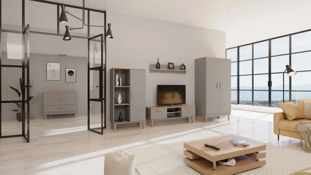 Szafka RTV DENVER 120 szara/hikora w stylu skandynawskim I sklep meblowy MIRAT. styl SKANDYNAWSKI kolekcja DENVER