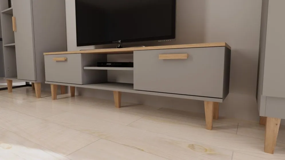 Szafka RTV DENVER 160 szara/hikora z półką I sklep meblowy MIRAT. styl SKANDYNAWSKI kolekcja DENVER