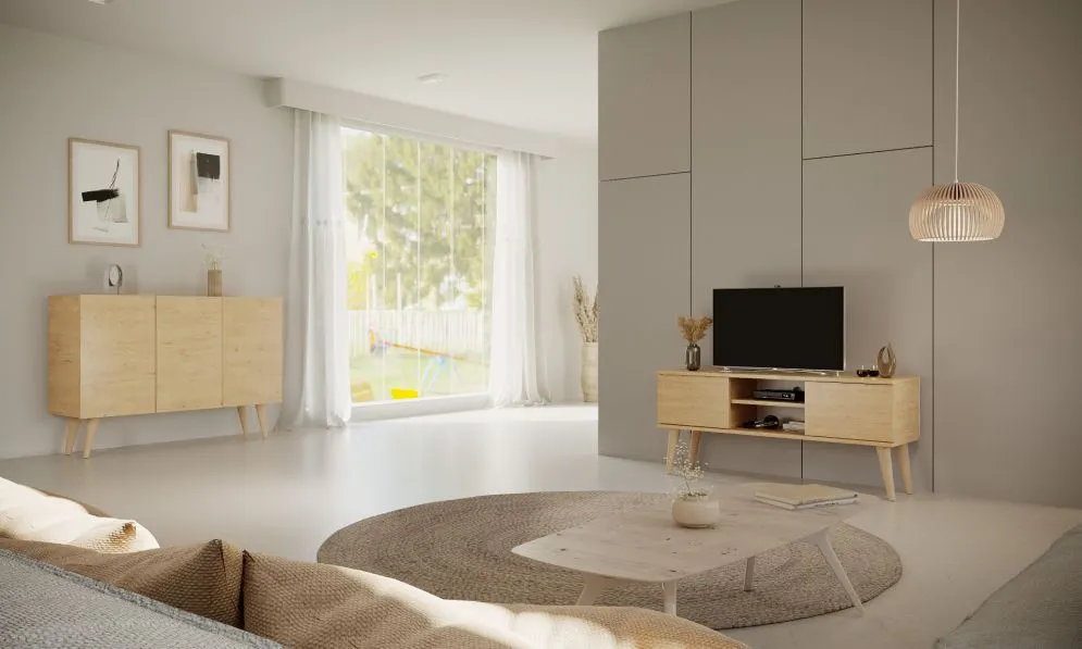 Szafka RTV TORONTO 120 dąb artisan na drewnianych nogach I sklep meblowy MIRAT. styl SKANDYNAWSKI