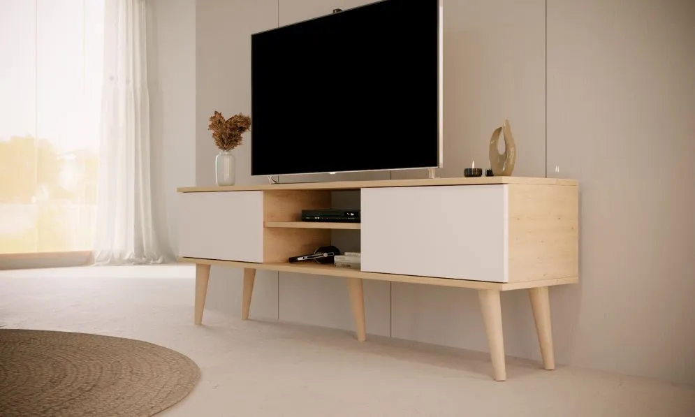 Szafka RTV TORONTO 160 dąb artisan/biała pod telewizor I sklep meblowy MIRAT. styl SKANDYNAWSKI