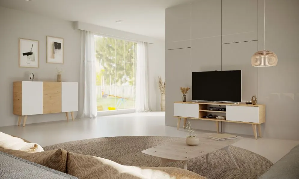 Szafka RTV TORONTO 160 dąb artisan/biała pod telewizor I sklep meblowy MIRAT. styl SKANDYNAWSKI