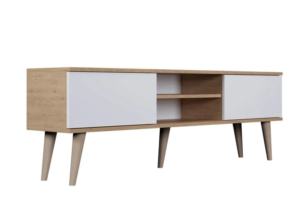 Szafka RTV TORONTO 160 dąb artisan/biała pod telewizor I sklep meblowy MIRAT. styl SKANDYNAWSKI
