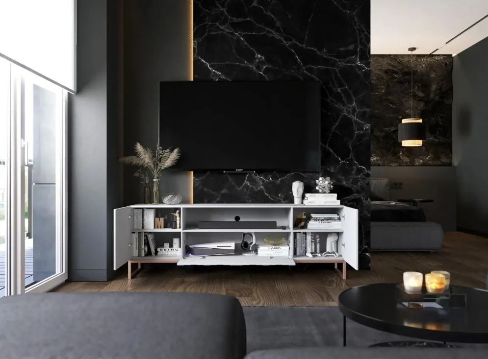 Szafka RTV TAL 2D1K 150cm biała mat trzydrzwiowa I sklep meblowy MIRAT. styl GLAMOUR, RYFLOWANY kolekcja TAL