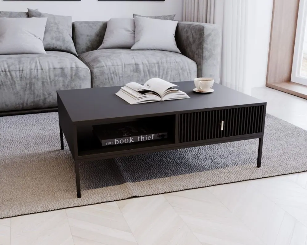 Stolik kawowy MAGGIORE 104x68 czarny mat z szufladami I sklep meblowy MIRAT. styl GLAMOUR, RYFLOWANY