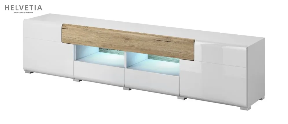 Szafka RTV TOLEDO 2D4S 208 biała połysk/dąb san remo HELVETIA | MIRAT. w stylu SKANDYNAWSKI kolekcja