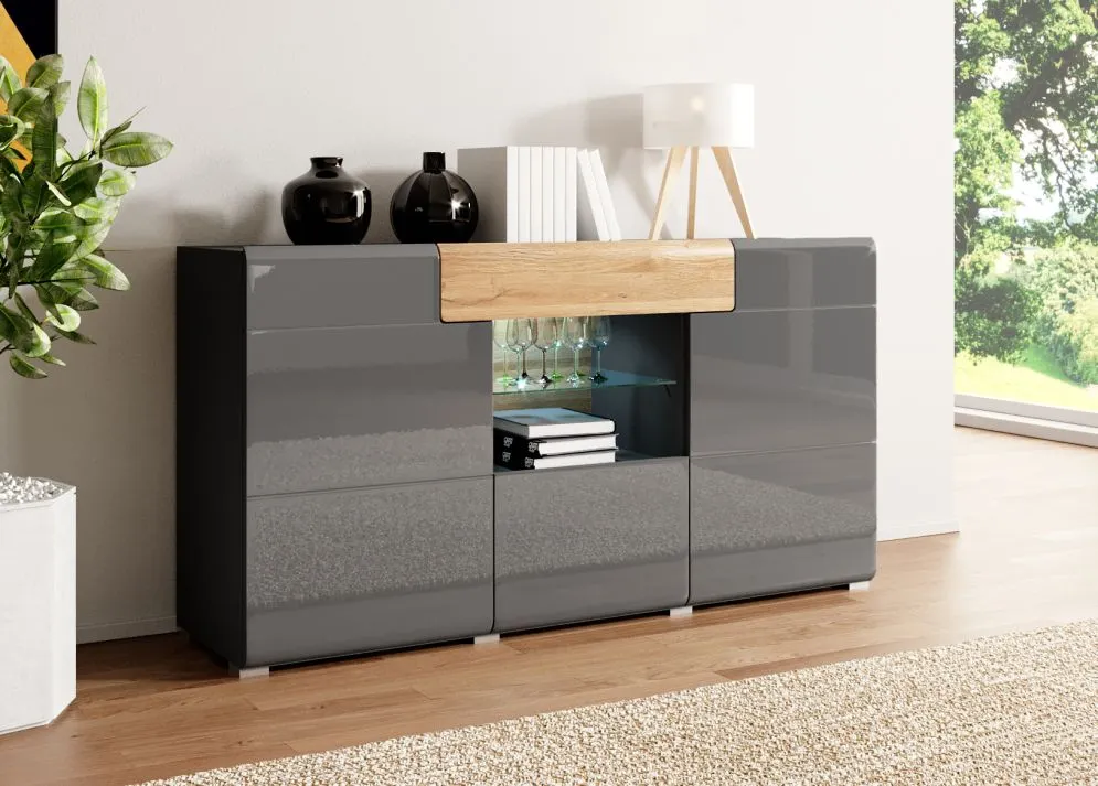 Komoda TOLEDO 3D1S antracyt połysk/dąb grandson HELVETIA | MIRAT. w stylu LOFT kolekcja