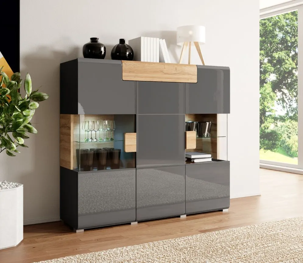 Komoda wysoka TOLEDO 3D1S 147 antracyt połysk/dąb grandson HELVETIA | MIRAT. w stylu LOFT kolekcja