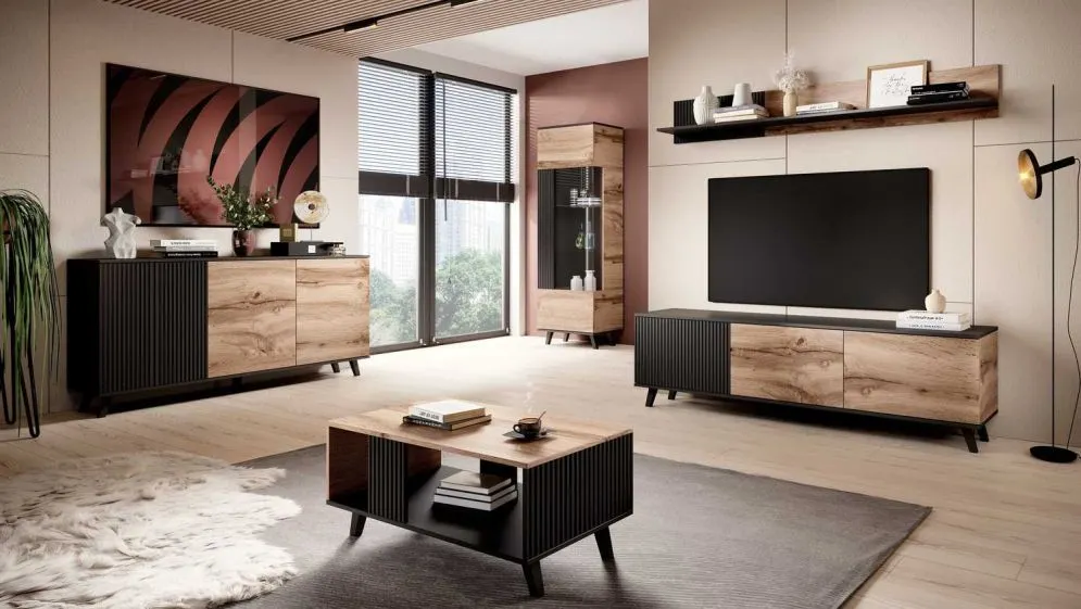 Szafka RTV RANDOM 180 dąb wotan/czarna z kominkiem elektrycznym I sklep meblowy MIRAT. styl RYFLOWANY kolekcja RANDOM