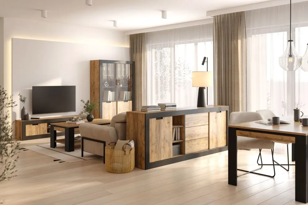 Przeszklona witryna wysoka DADES 4D 120cm dąb samdal/czarny mat I sklep meblowy MIRAT. styl LOFT