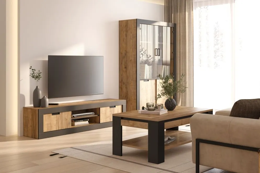 Przeszklona witryna wysoka DADES 4D 120cm dąb samdal/czarny mat I sklep meblowy MIRAT. styl LOFT