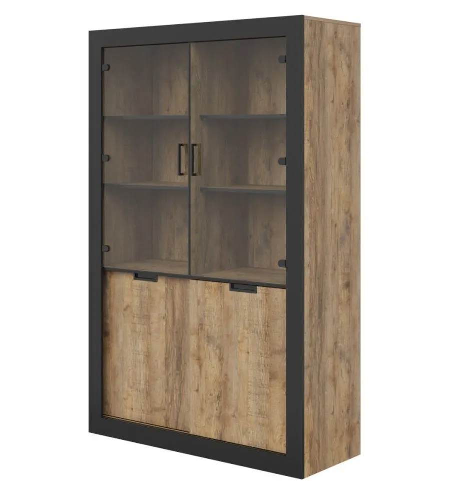 Przeszklona witryna wysoka DADES 4D 120cm dąb samdal/czarny mat I sklep meblowy MIRAT. styl LOFT